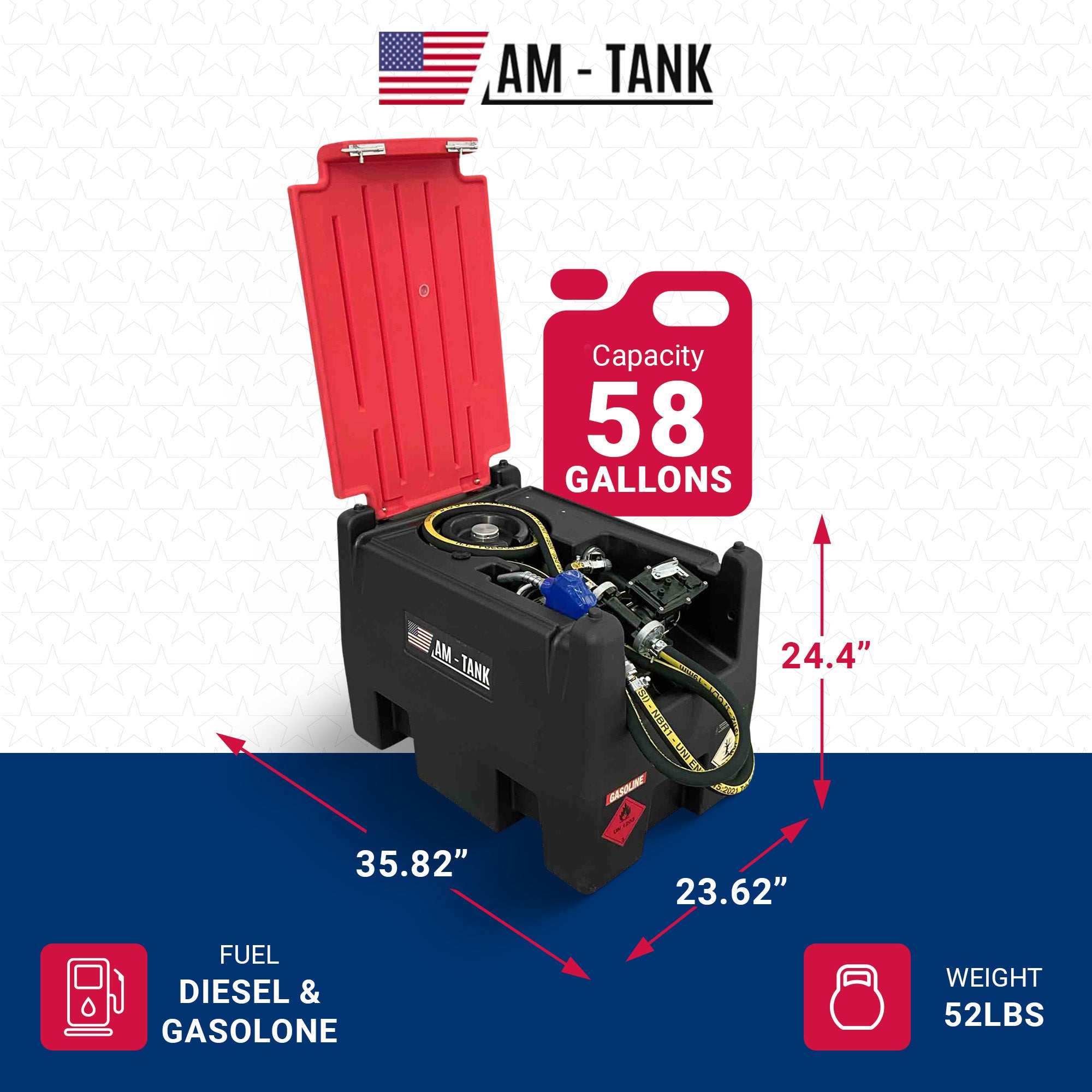 AM-TANK 58 Gal Gasoline & Diesel Tank w/12 Volt Pump & Covering Lid (Open Box) - VMInnovations