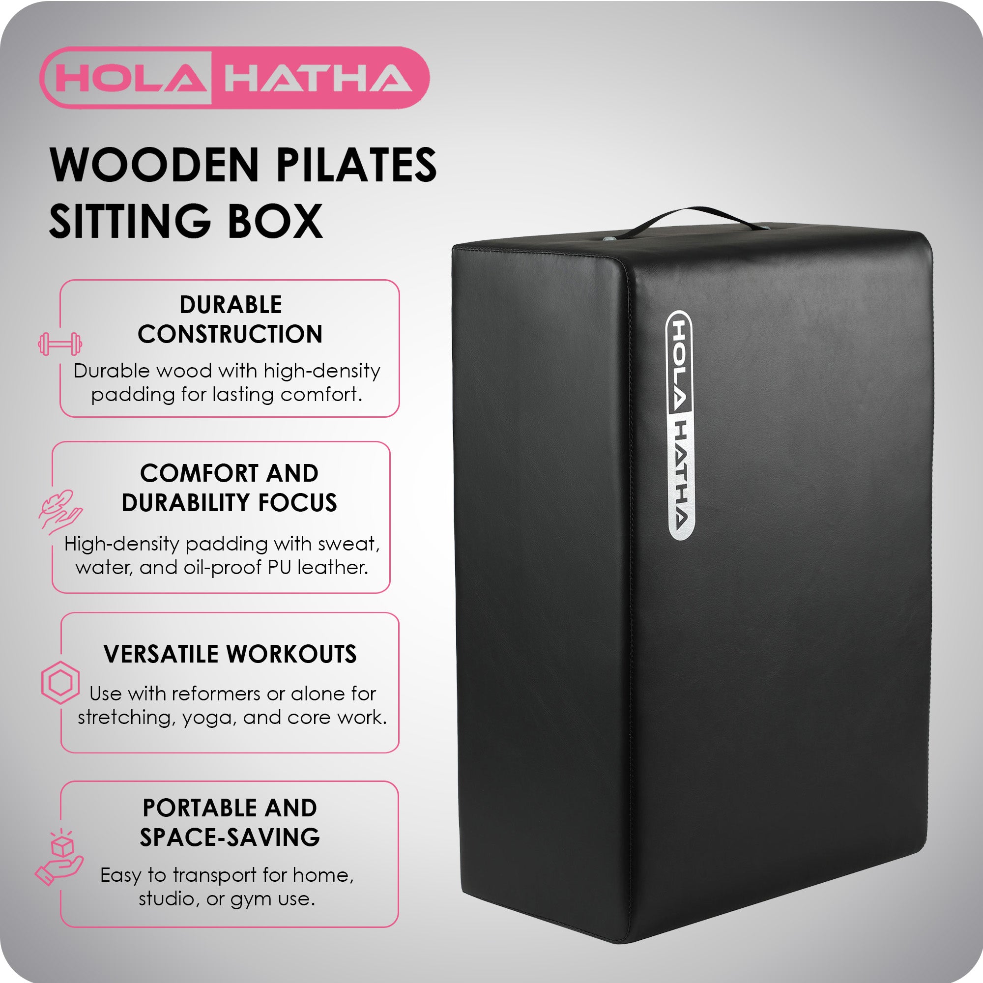HolaHatha Wooden Pilates Sitting Box, Portable, 24" x 15.8" x 9" (Open Box) - VMInnovations