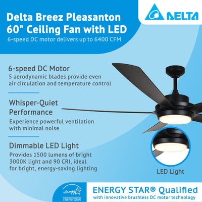 Delta Breez Pleasanton 60" Ceiling Fan with LED, Remote, Indoor/Outdoor, Black - VMInnovations