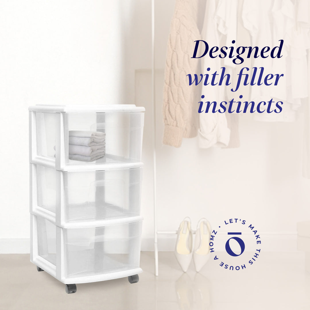 Homz Plastic 3 Drawer MD Storage Container Tower, Clear w/ White Frame(Open Box)