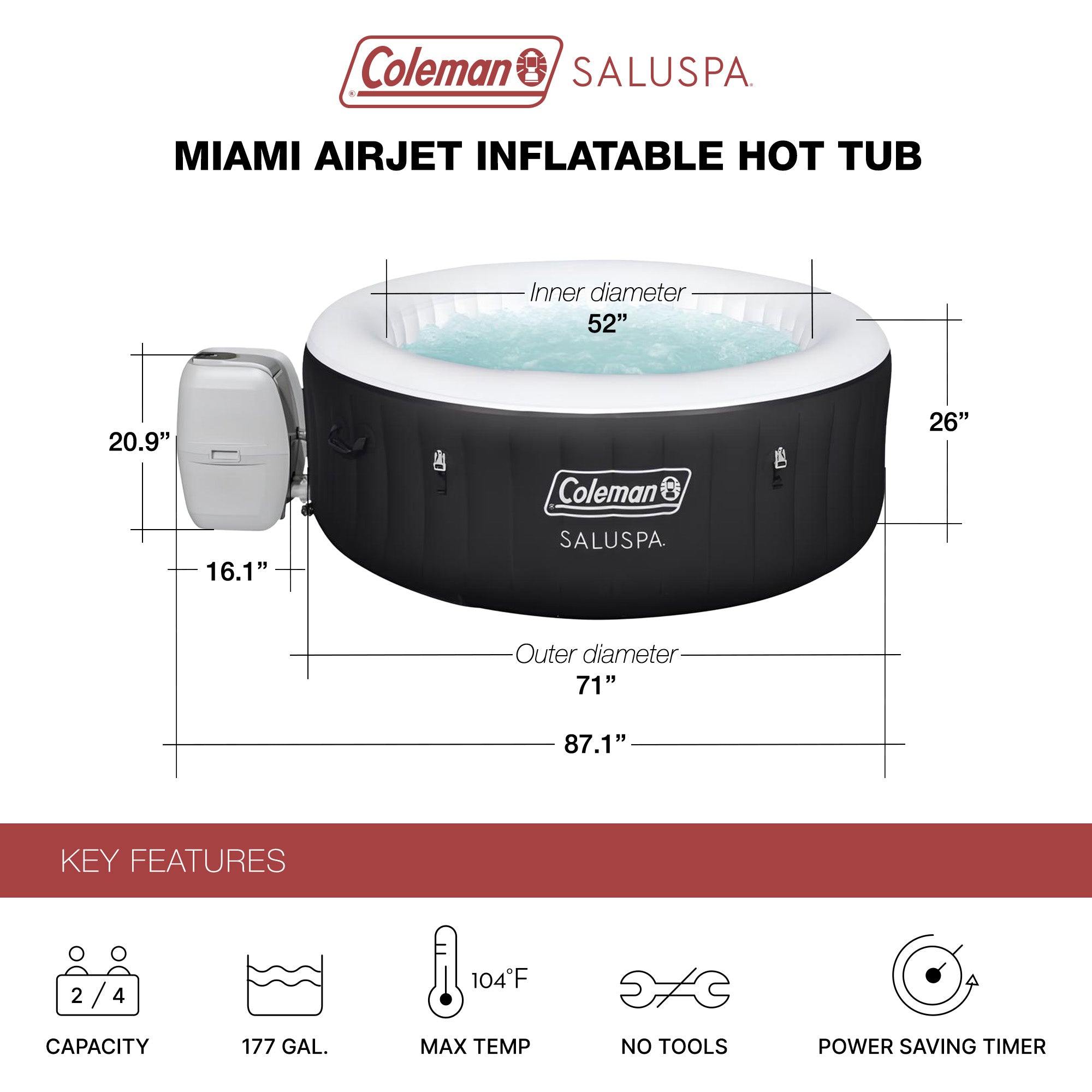 Coleman SaluSpa 4 Person Inflatable Hot Tub Spa with 3 Filter Cartridge Refills
