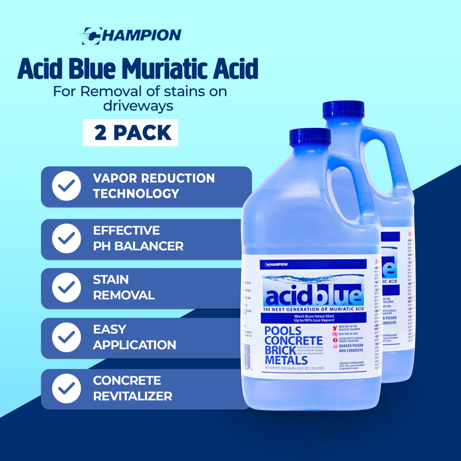 Champion Acid Blue Muriatic Acid for Removal of Stains on Driveways (2 Pack) - VMInnovations