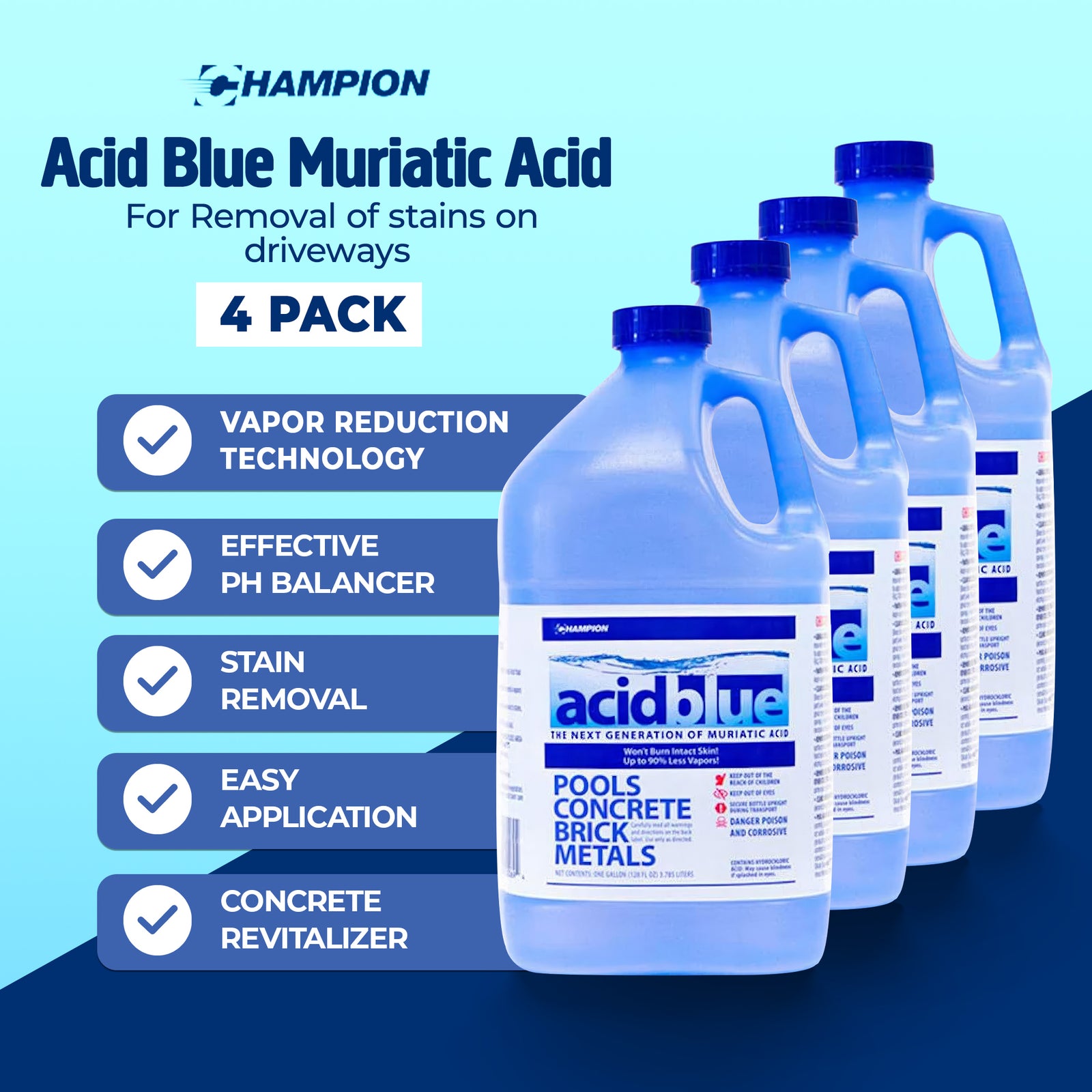 Champion Acid Blue Muriatic Acid for Removal of Stains on Driveways (4 Pack) - VMInnovations