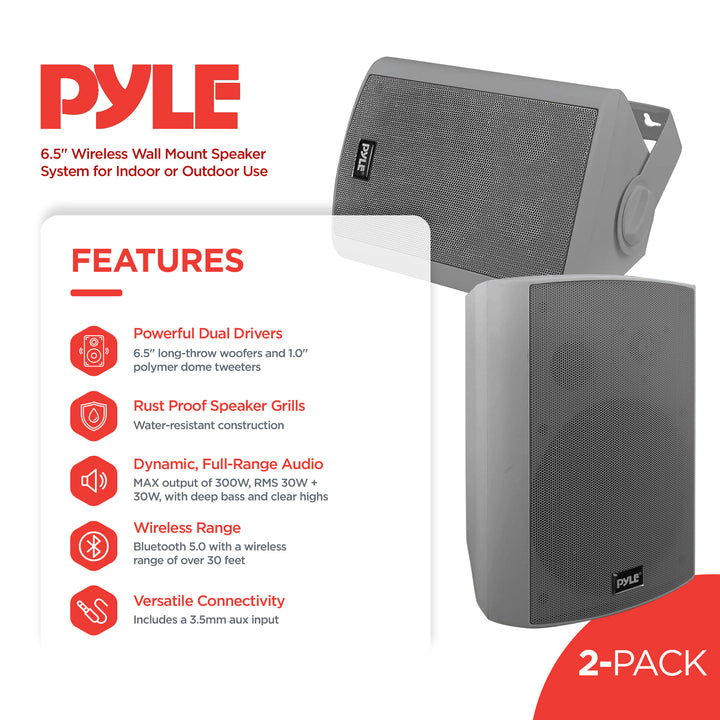 Pyle 6.5" Wireless Bluetooth Wall Mount Speaker System for Indoor Outdoor Use, Gray