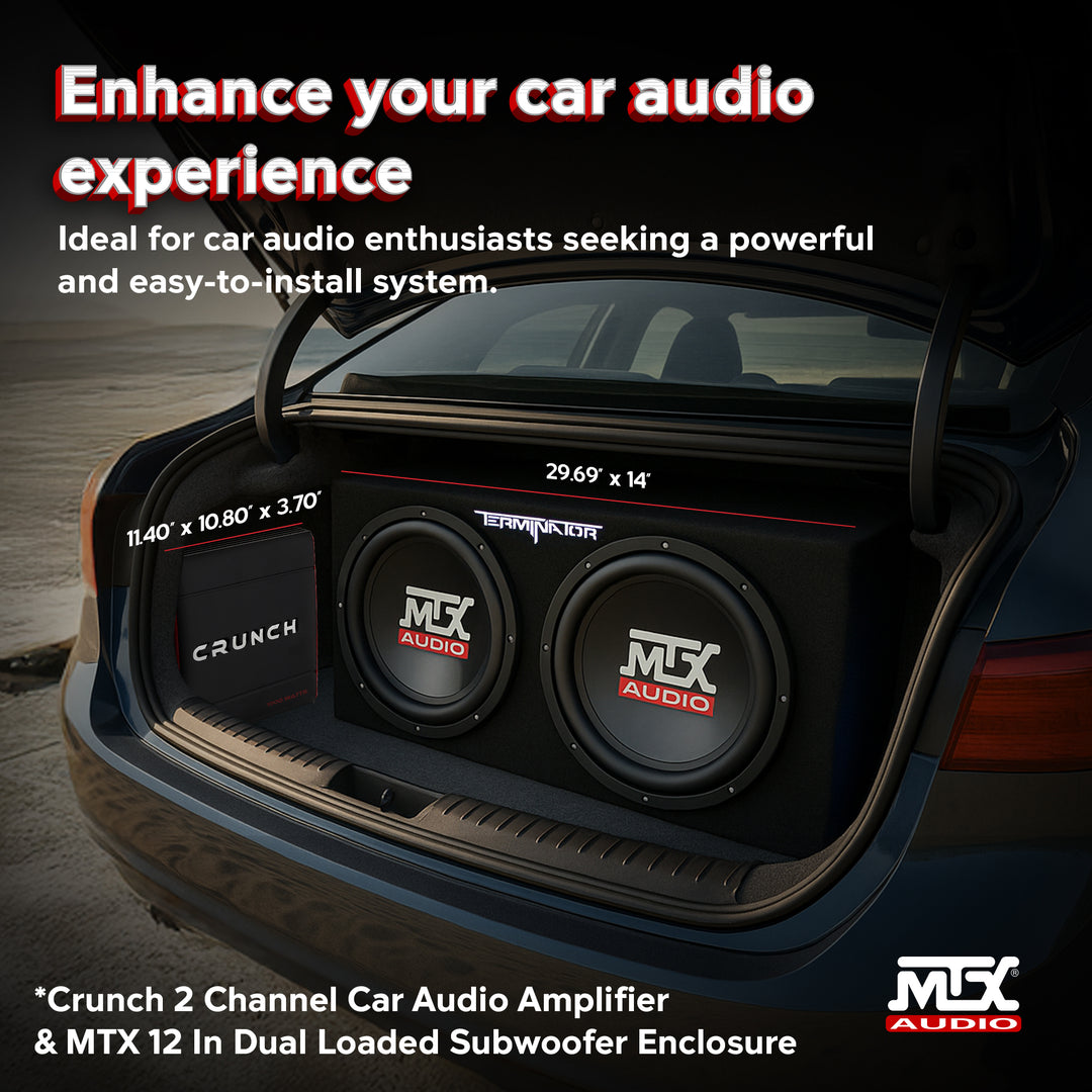 Crunch 2 Channel Car Audio Amplifier & MTX 12 In Dual Loaded Subwoofer Enclosure