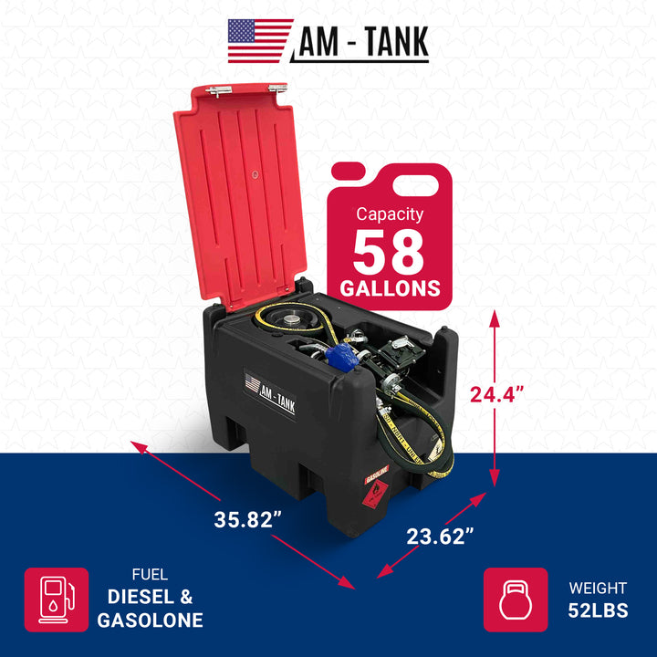 AM-TANK 58 Gal Gasoline & Diesel Fuel Tank w/12 Volt Pump & Covering Lid (Used)