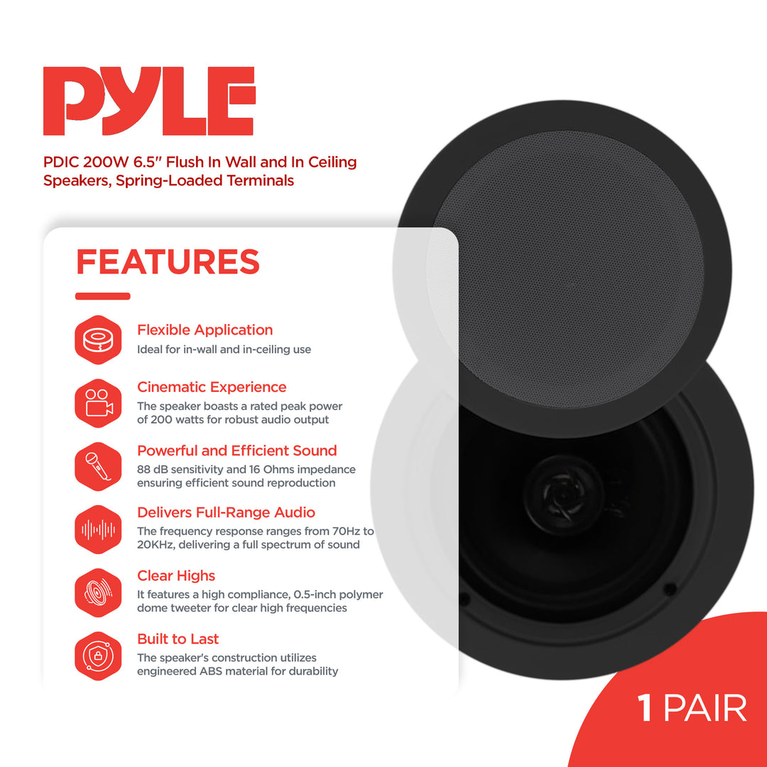 Pyle PDIC 200W 6.5" Flush In Wall/In Ceiling Speakers, Spring-Loaded Terminals