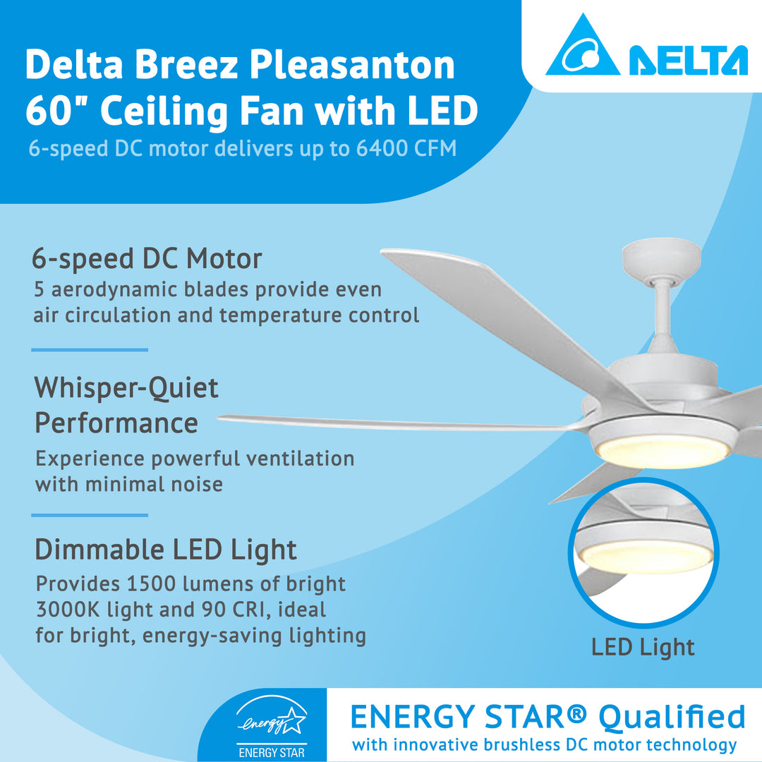 Delta Breez Pleasanton 60" Ceiling Fan with LED, Remote, Indoor/Outdoor, White