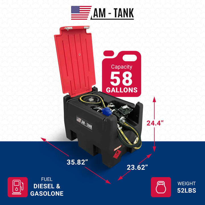 AM-TANK 58 Gallon Gasoline & Diesel Fuel Tank with 12 Volt Pump and Covering Lid