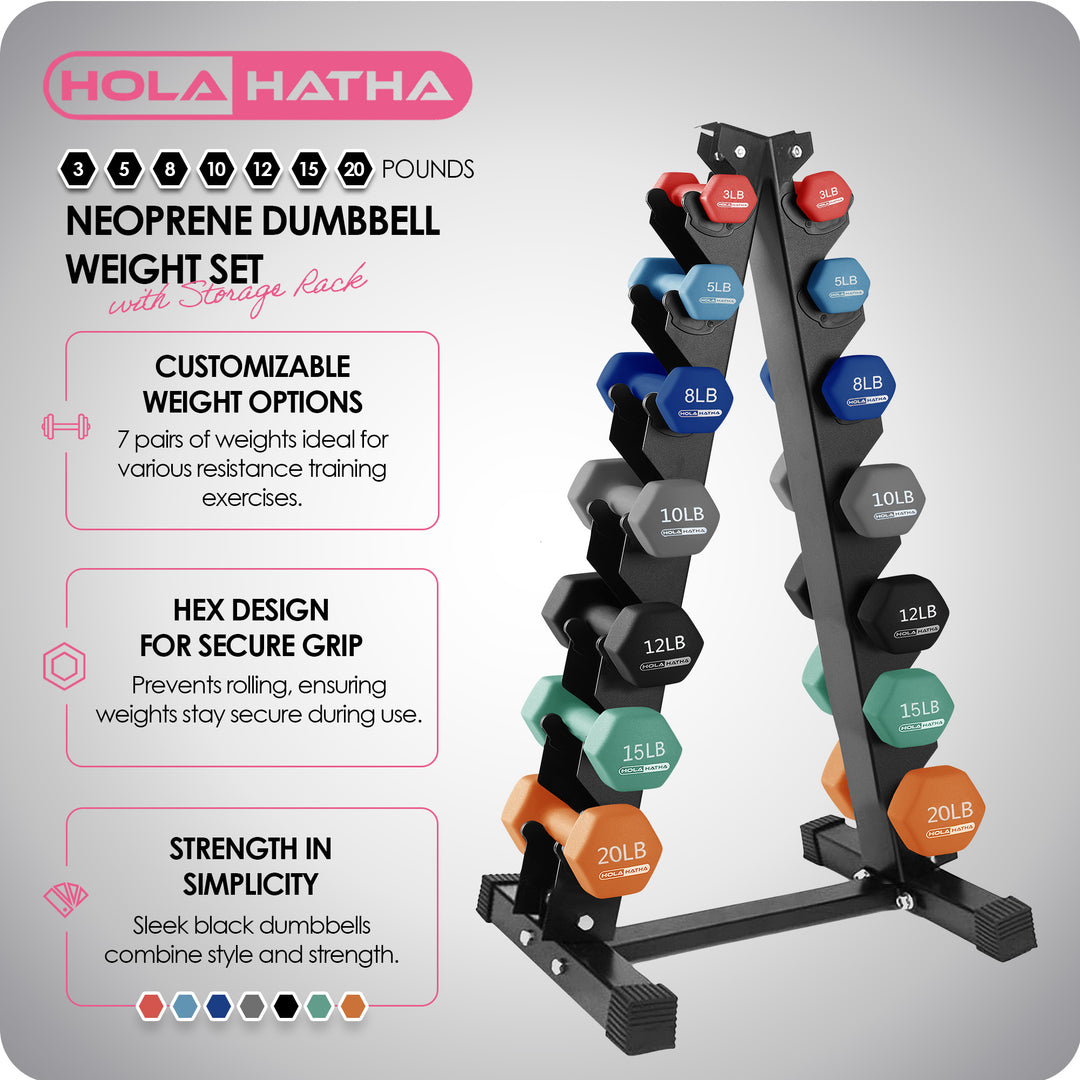 HolaHatha 146 Pound Neoprene Dumbbell Full Body Weight Set with Storage Rack