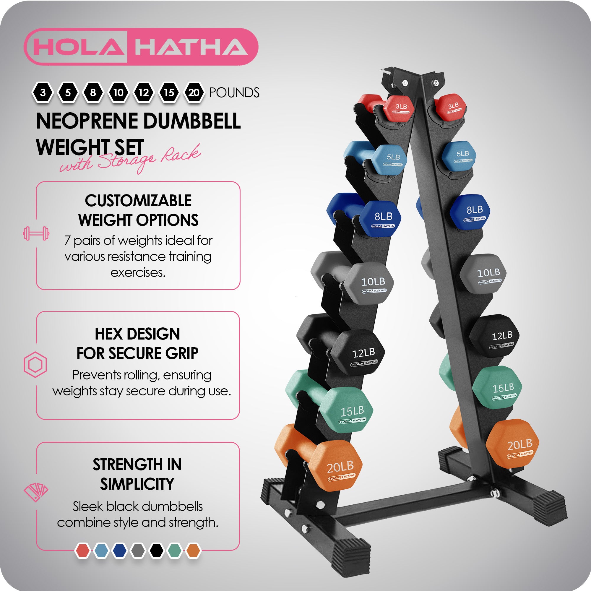 HolaHatha 146 Pound Neoprene Dumbbell Full Body Weight Set with Storage Rack - VMInnovations