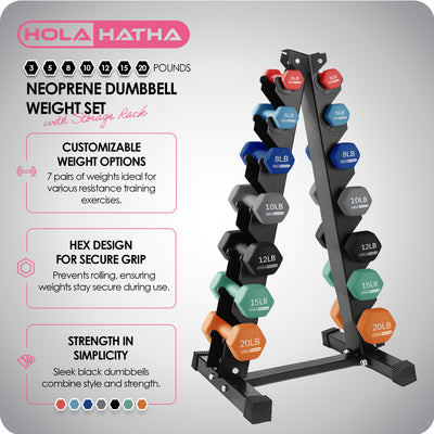 HolaHatha 146 Pound Neoprene Dumbbell Full Body Weight Set with Storage Rack - VMInnovations