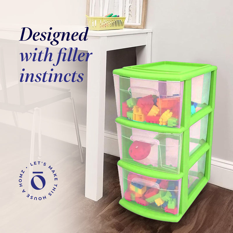 Homz Plastic 3 Drawer Medium Storage Container Tower, Clear Drawers/Lime Frame