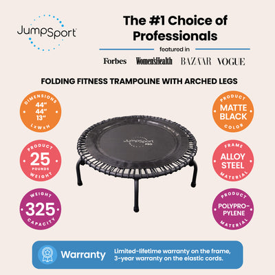 JumpSport 550f PRO Indoor Lightweight 44 Inch Folding Fitness Trampoline, Black