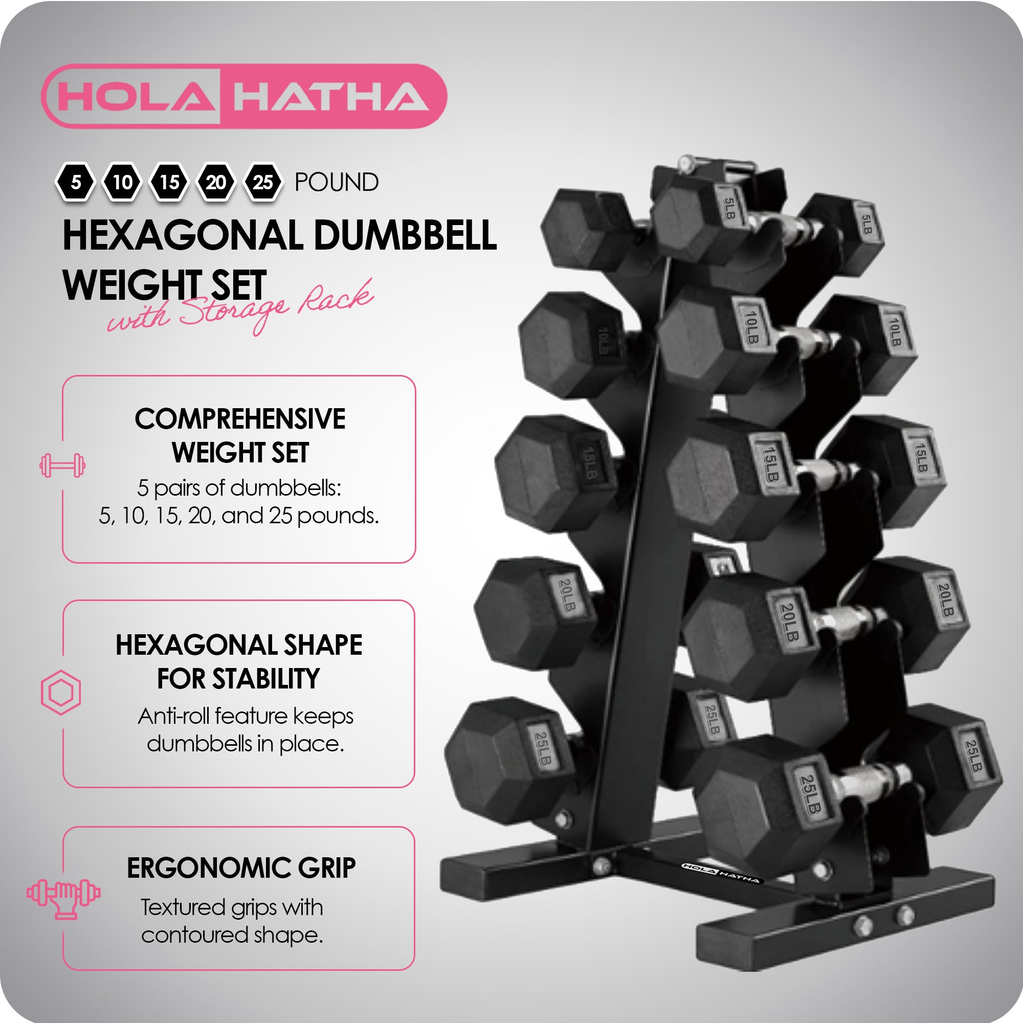 HolaHatha 5, 10, 15, 20 & 25 LBS Hex Dumbbell Weight Set w/Rack, Black (Used) - VMInnovations