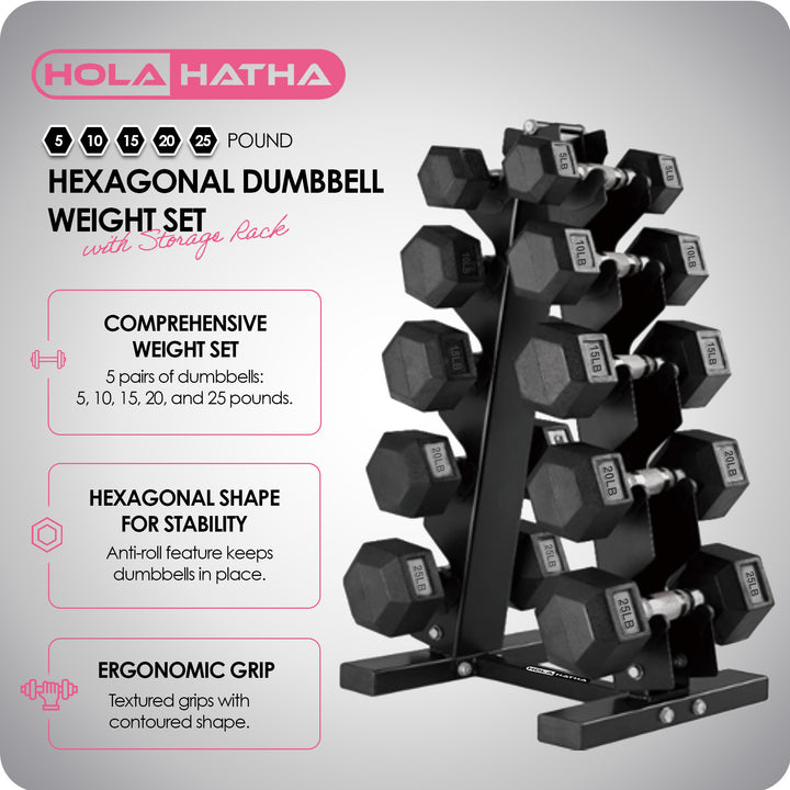 HolaHatha 5, 10, 15, 20 & 25 Pound Hexagonal Dumbbell Weight Set w/Rack, Black