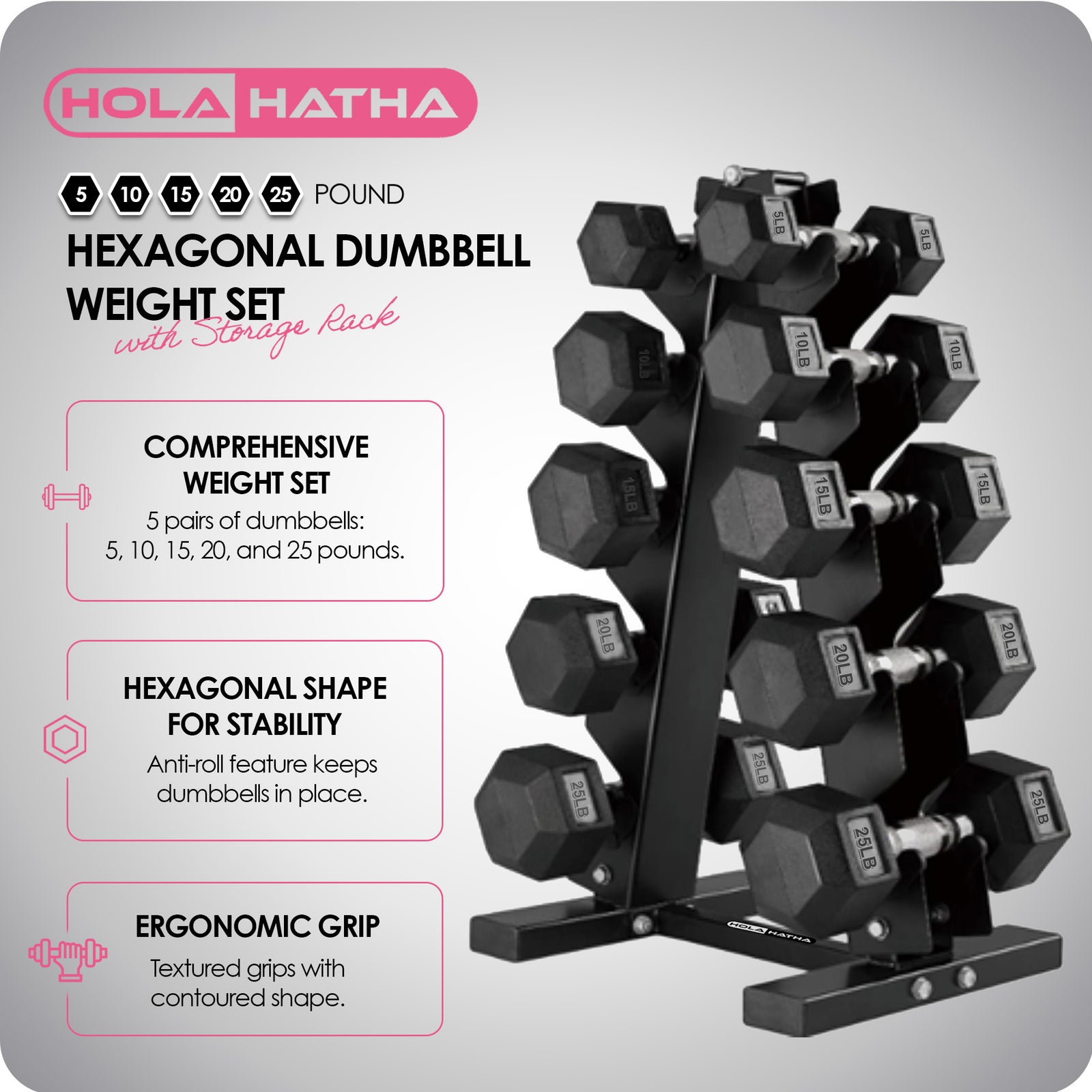 HolaHatha 5, 10, 15, 20 & 25 LBS Hex Dumbbell Weight Set w/Rack, Black (Used) - VMInnovations