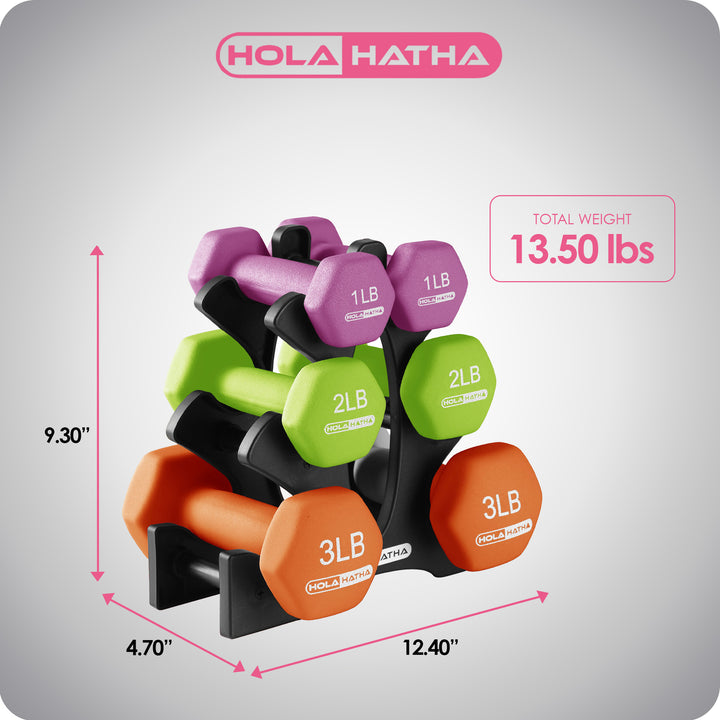 HolaHatha 1, 2 and 3 lb Neoprene Dumbbell Strength Training Weight Set with Rack