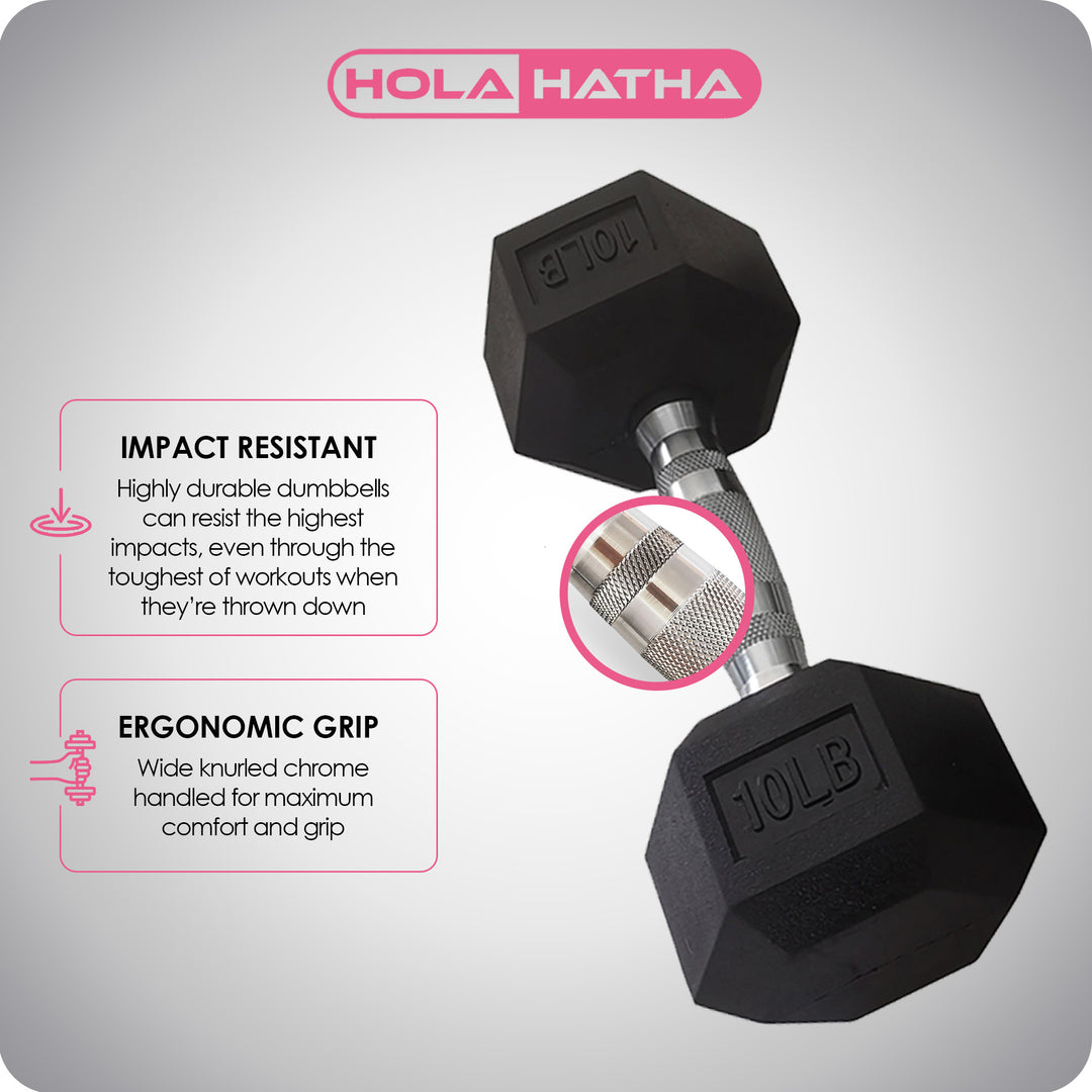 HolaHatha 5, 10, 15, 20 & 25 LBS Hex Dumbbell Weight Set w/Rack, Black (Used) - VMInnovations