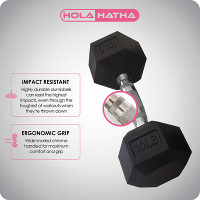 HolaHatha 5, 10, 15, 20 & 25 LBS Hex Dumbbell Weight Set w/Rack, Black (Used) - VMInnovations