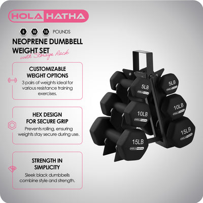 HolaHatha 5, 10, and 15 Pound Neoprene Dumbbell Free Hand Weight Set with Rack - VMInnovations