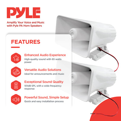 Pyle 8" 65 Watts 8 Ohms Indoor and Outdoor PA Horn Speaker, White (2 Pack)