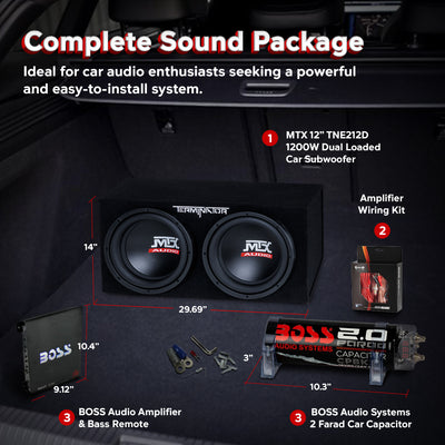 MTX TNE212D 12" 1200W Dual Loaded Car Subwoofer & 1100W Amp with Kit & Capacitor - VMInnovations