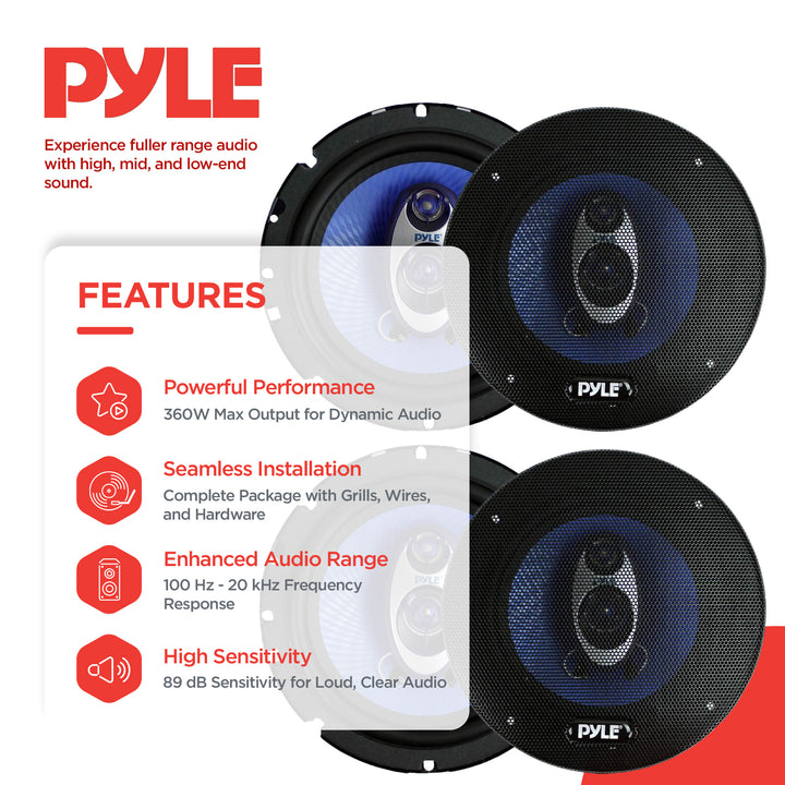 Pyle PL63BL 6.5" 720 Watt 3-Way Car Audio Coaxial Speakers Blue Stereo