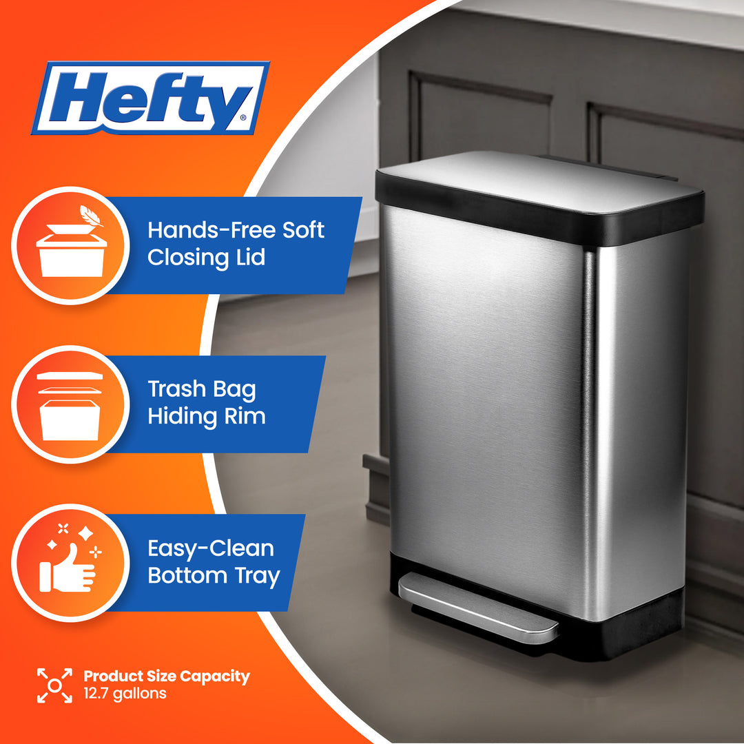 Hefty Stainless Steel Step Trash Cans with Lids, 12.7 Gallon & 1.3 Gallon Bin