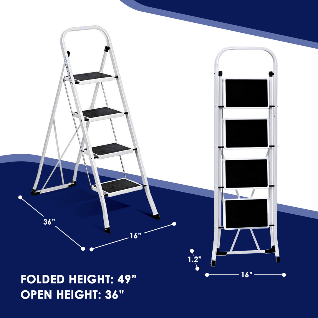 Delxo Steel Non-Slip Folding 4 Step Ladder with Hand Grip, White (Open Box) - VMInnovations
