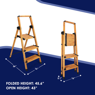 Delxo Folding 3 Step Stool Stepladder w/Long Handrail, Woodgrain(Open Box) - VMInnovations