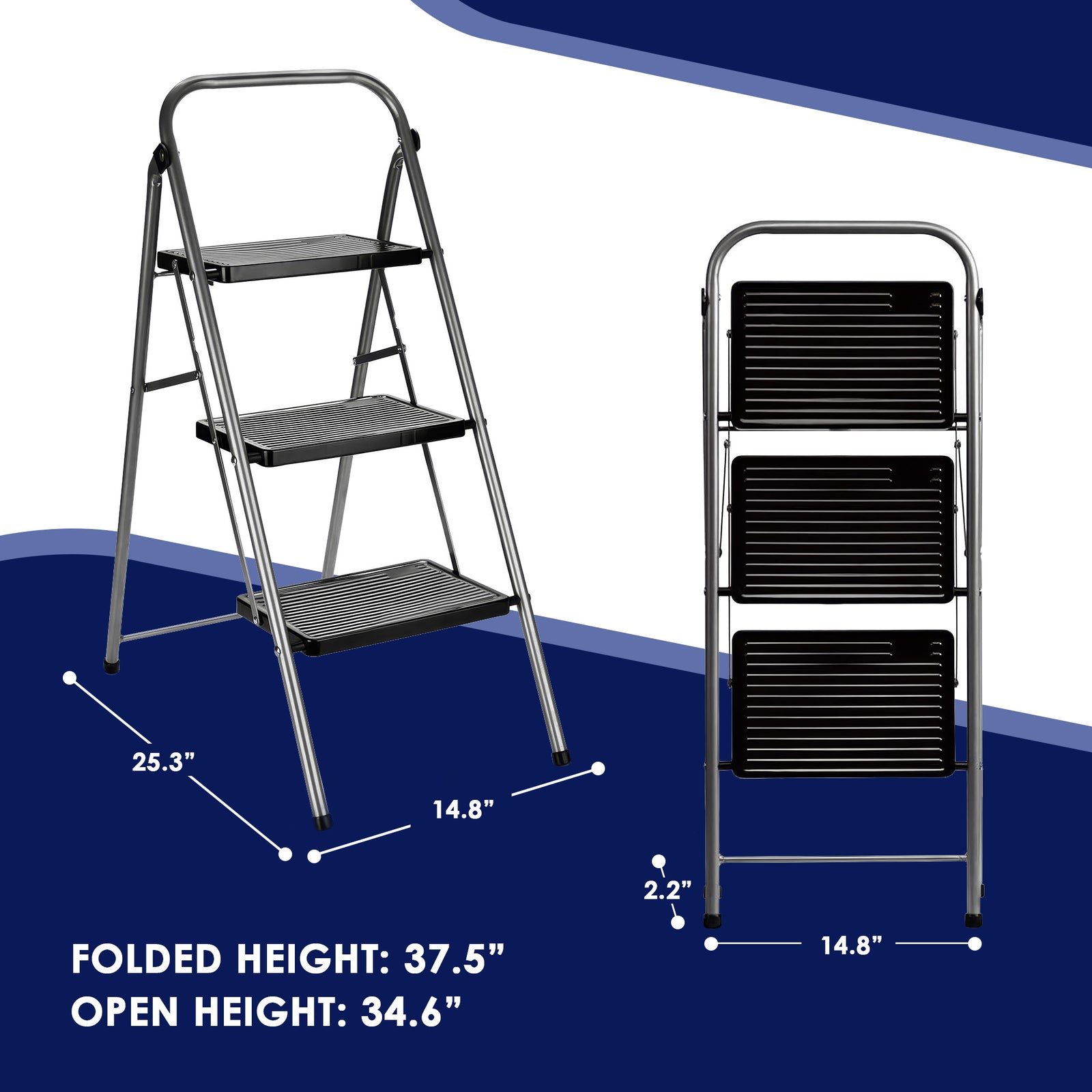 Delxo Folding Portable Steel Non Slip 3 Step Stool w/ Hand Grip, Gray (Used) - VMInnovations