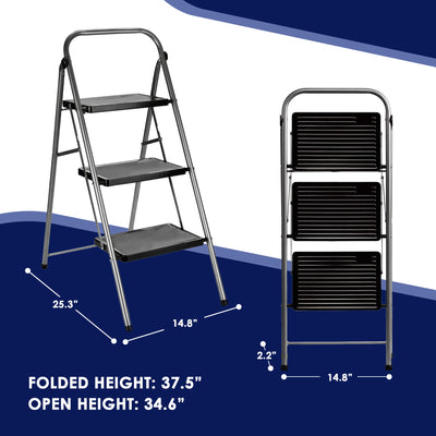 Delxo Folding Portable Steel Non Slip 3 Step Stool w/ Hand Grip, Gray (Used) - VMInnovations