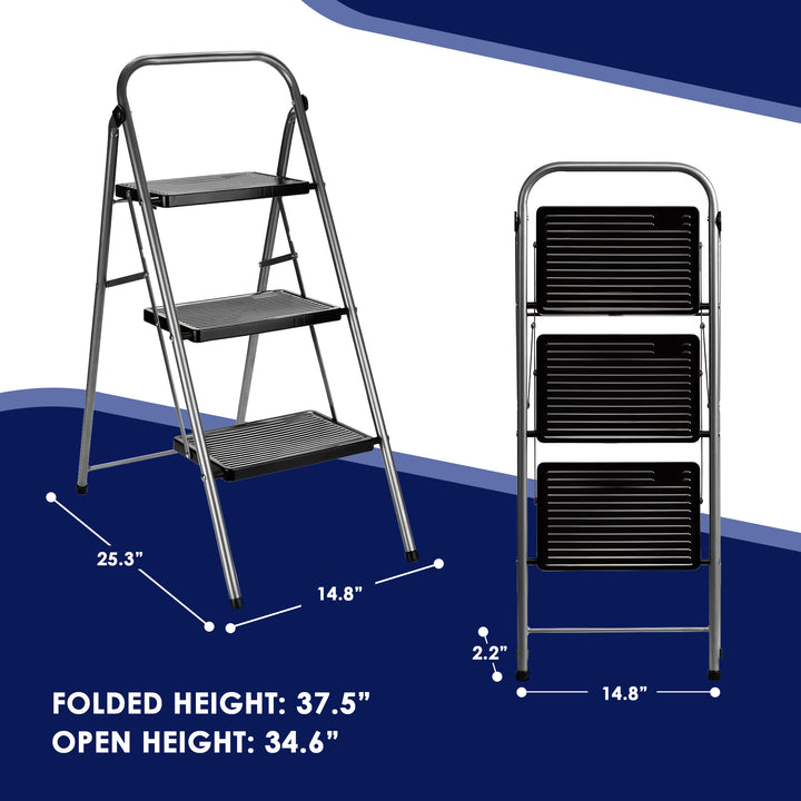 Delxo Folding Portable Steel Non Slip 3 Step Stool w/ Hand Grip, Gray (Open Box)