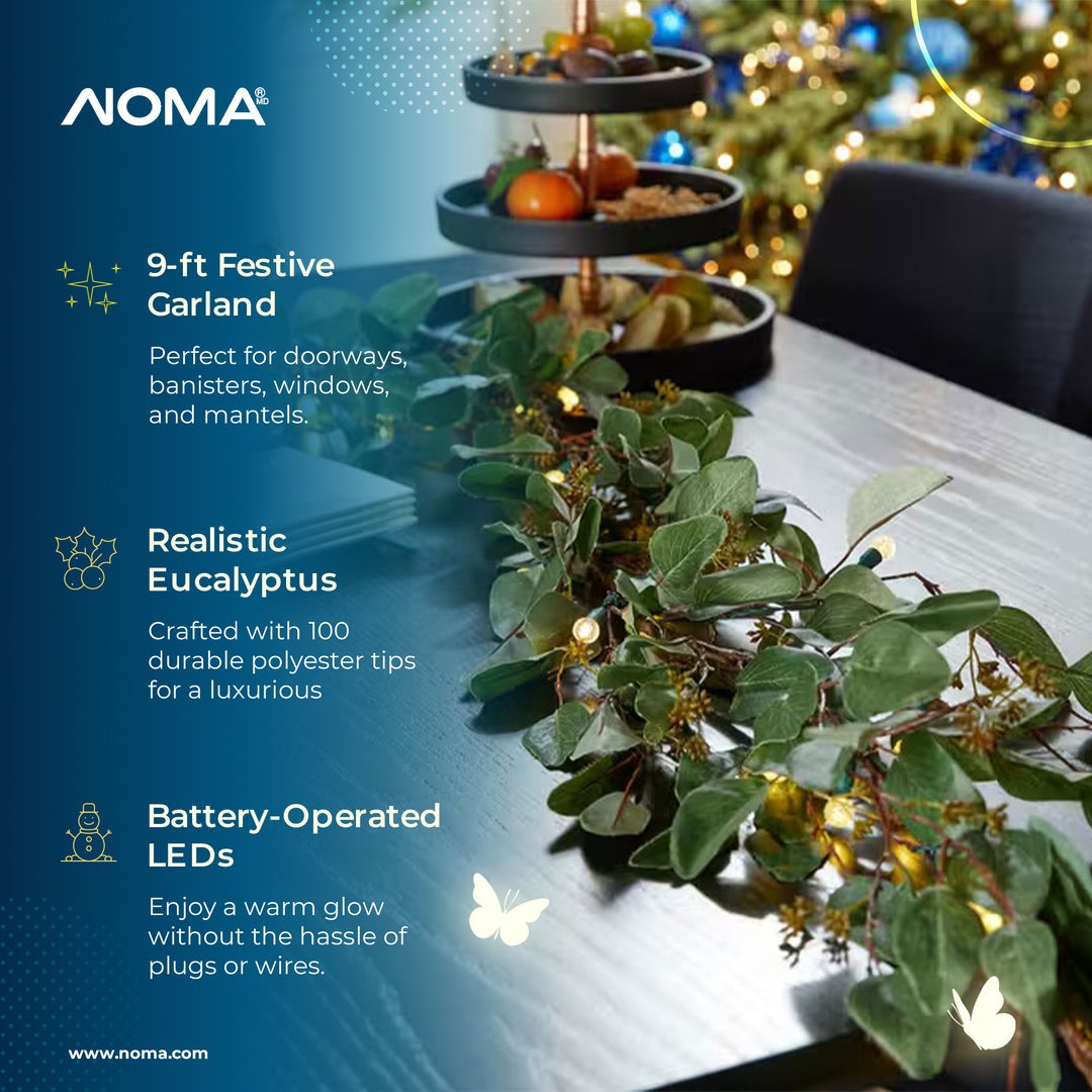 Noma Pre-Lit 9' Eucalyptus Christmas Garland w/Battery LED Lights (Open Box) - VMInnovations