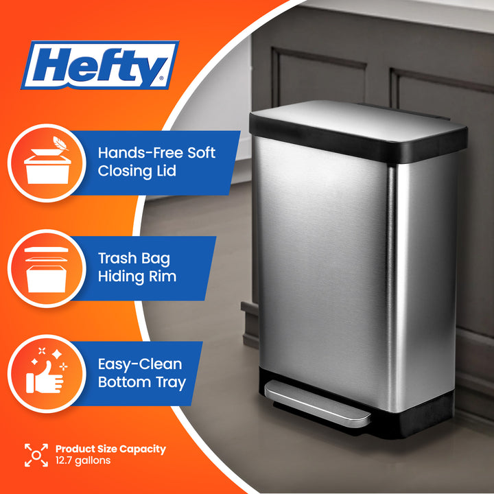 Hefty Stainless Steel Step Trash Cans w/Lids, 12.7 Gal & 1.3 Gal Bin (Open Box)
