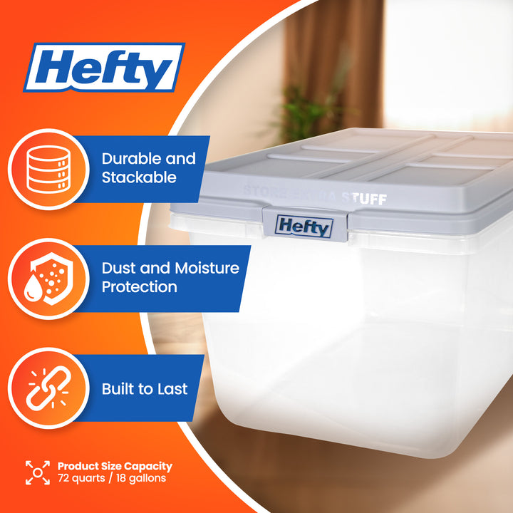 Hefty 72 Qt Hi-Rise Stackable Plastic Storage Bin with Lid, 6 Pack, Quarry Gray