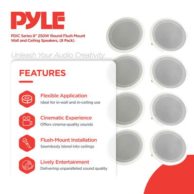 Pyle PDIC Series 8" 250W Round Flush Mount Wall and Ceiling Speakers, (8 Pack)