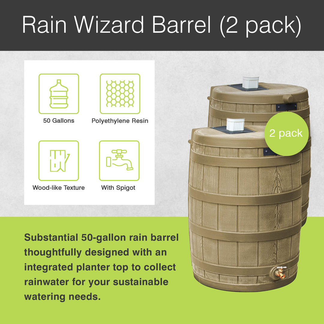 Good Ideas Rain Wizard 50 Gallon Rain Barrel Water Collector, Khaki (2 Pack)