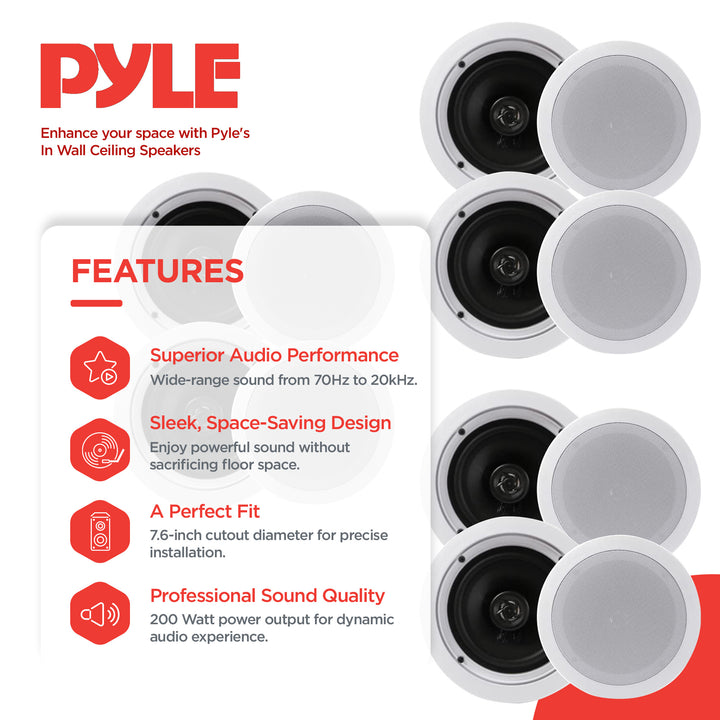 Pyle PDIC1661RD 6.5" 200 Watt In Ceiling/Wall 2 Way Speaker System Pair (3 Pk)