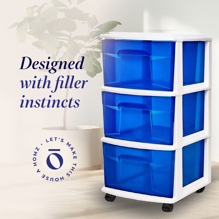 Homz Plastic 3 Drawer Medium Storage Container Tower, Blue Drawers/White Frame