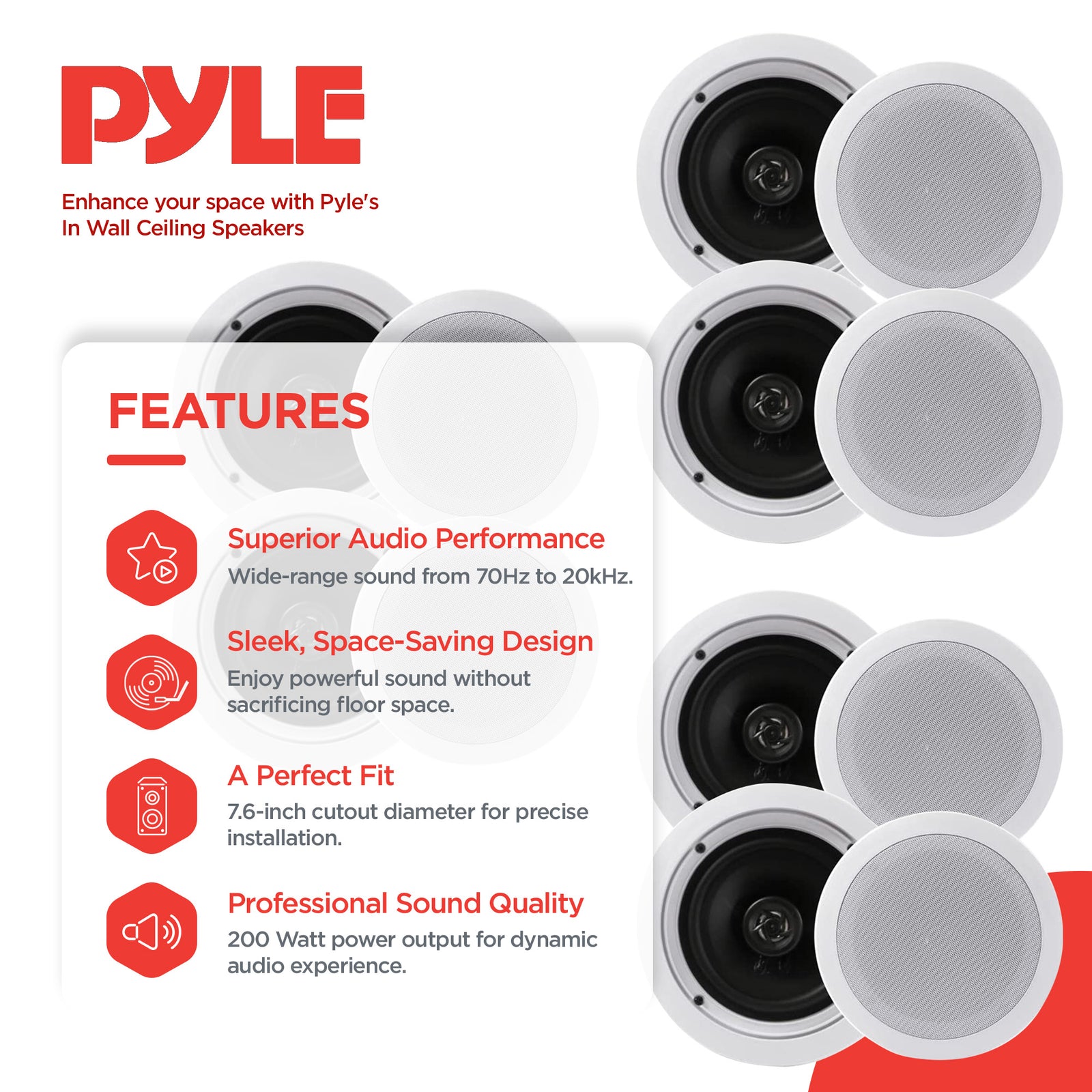 Pyle PDIC1661RD 6.5" 200 Watt In Ceiling/Wall 2 Way Speaker System Pair (3 Pk) - VMInnovations