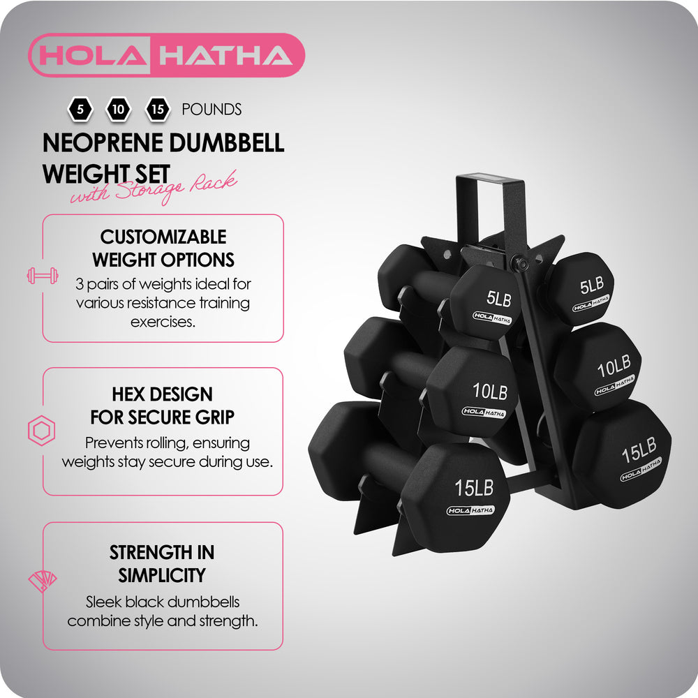 HolaHatha 5, 10, & 15LB Neoprene Dumbbell Free Hand Weight Set with Rack (Used) - VMInnovations