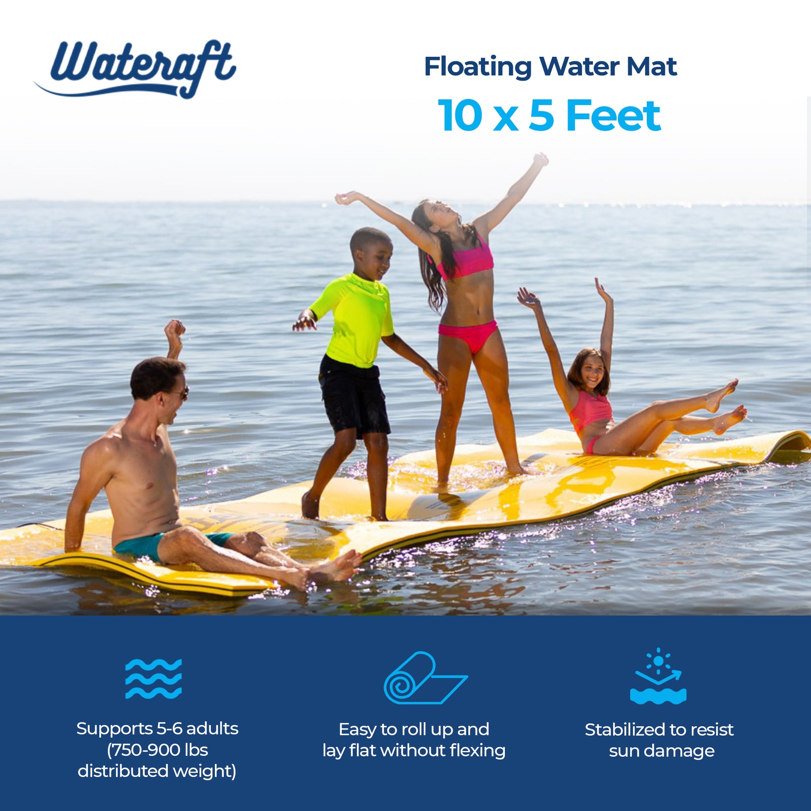 WateRaft 10 x 5 Feet Floating Water Mat, 3 Layer Foam Pad Float Raft, Yellow - VMInnovations