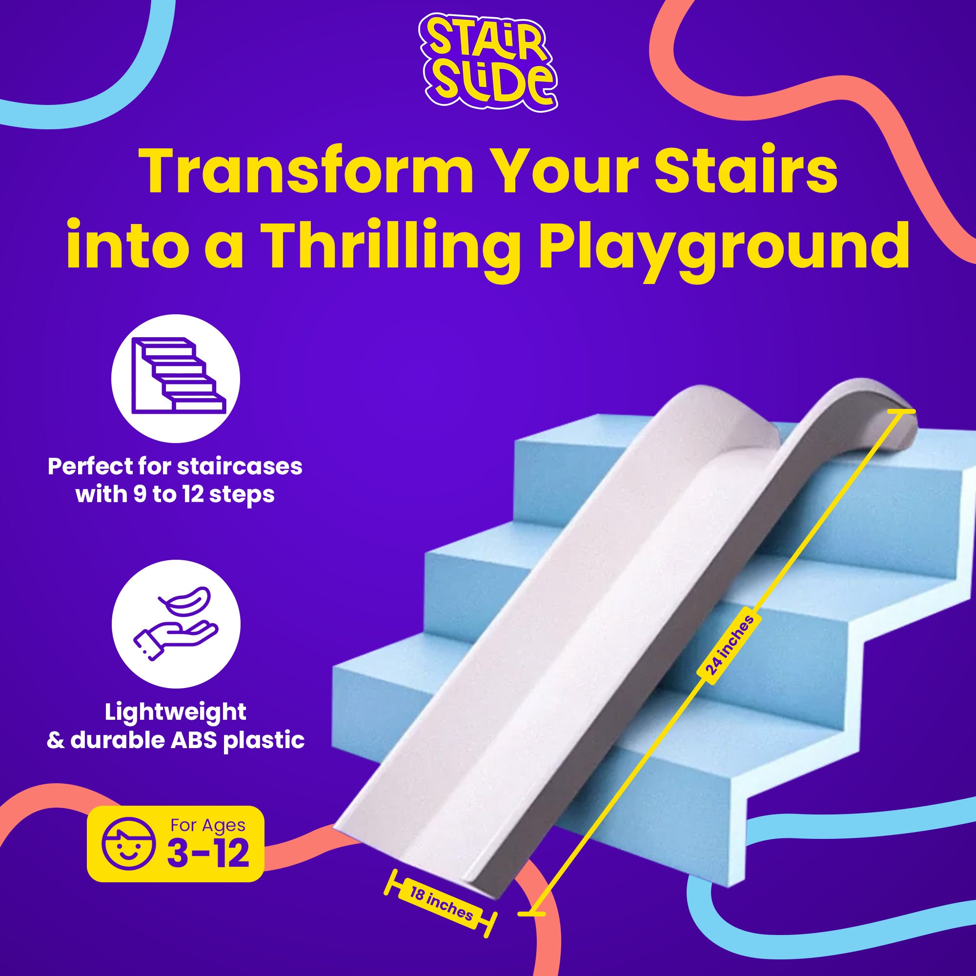 Stairslide Set of 4 Stair Mounted Kids Indoor Slide & Non-Slip Foam Landing Pad - VMInnovations