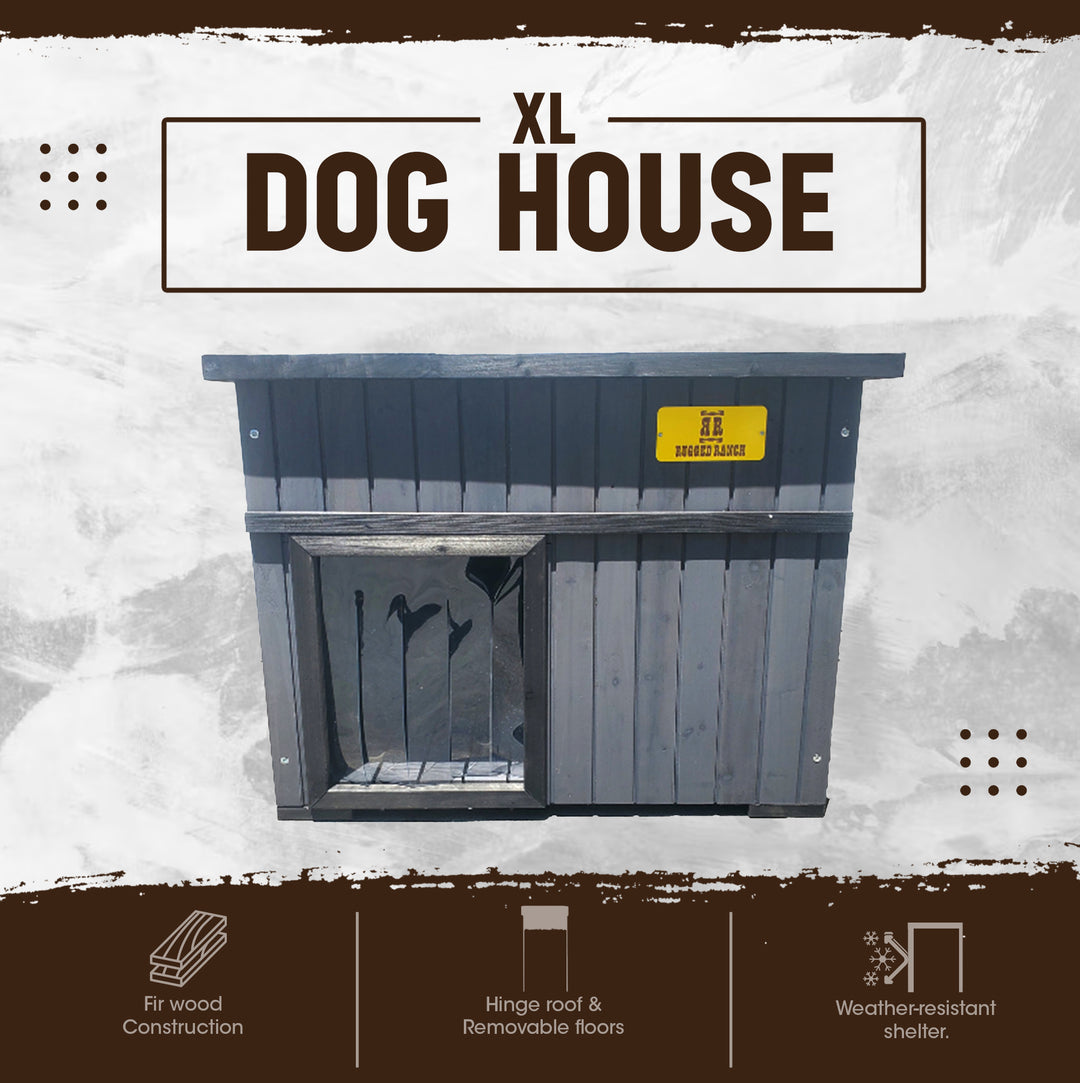 Rugged Ranch XL Dog House, Wood Outdoor Shelter w/ Hinged Roof & Removable Floor