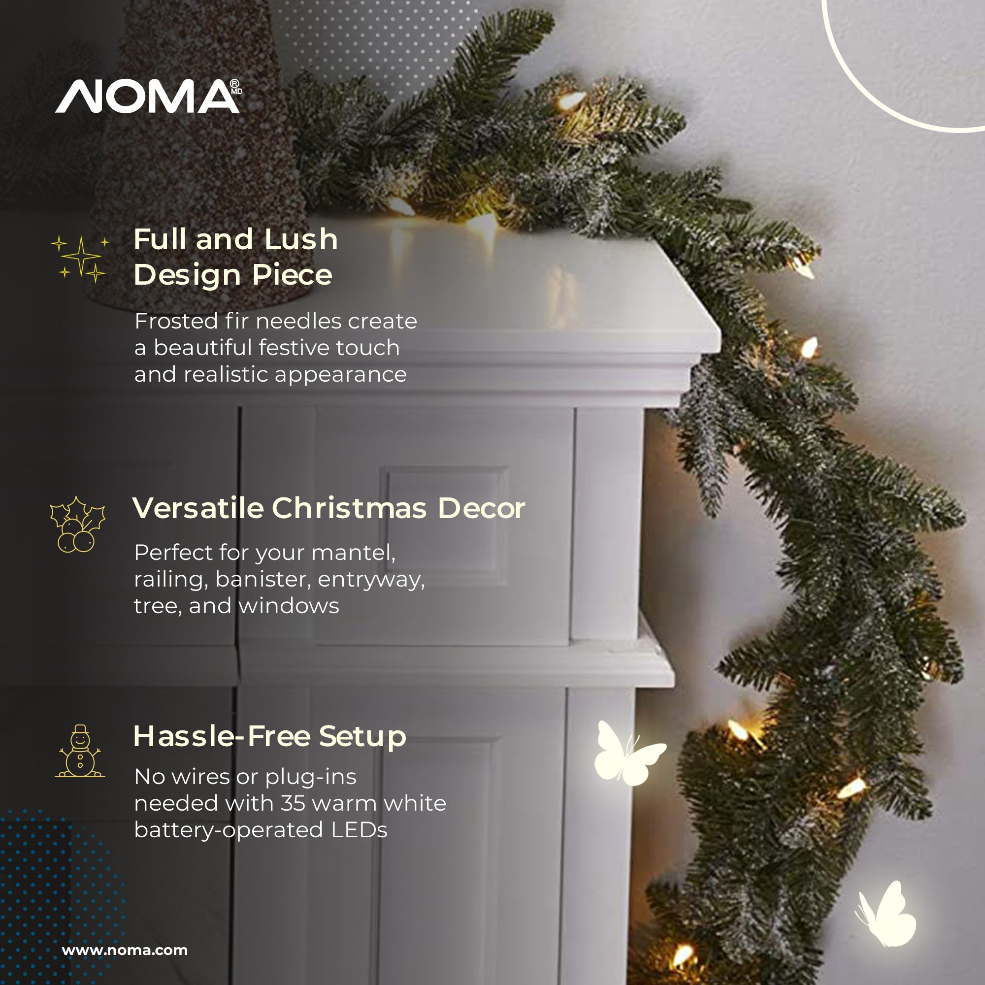 NOMA 9' Pre-Lit Flocked Frosted Fir Garland w/35 Warm White Lights(Used)