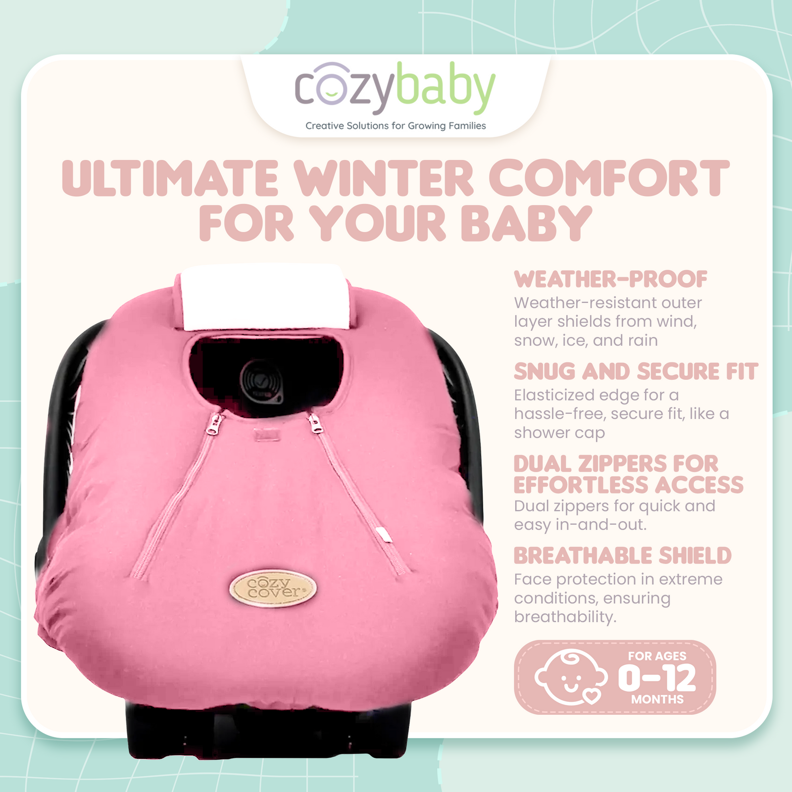 CozyBaby Original Infant Car Seat Cover with Dual Zippers and Elastic Edge, Pink - VMInnovations