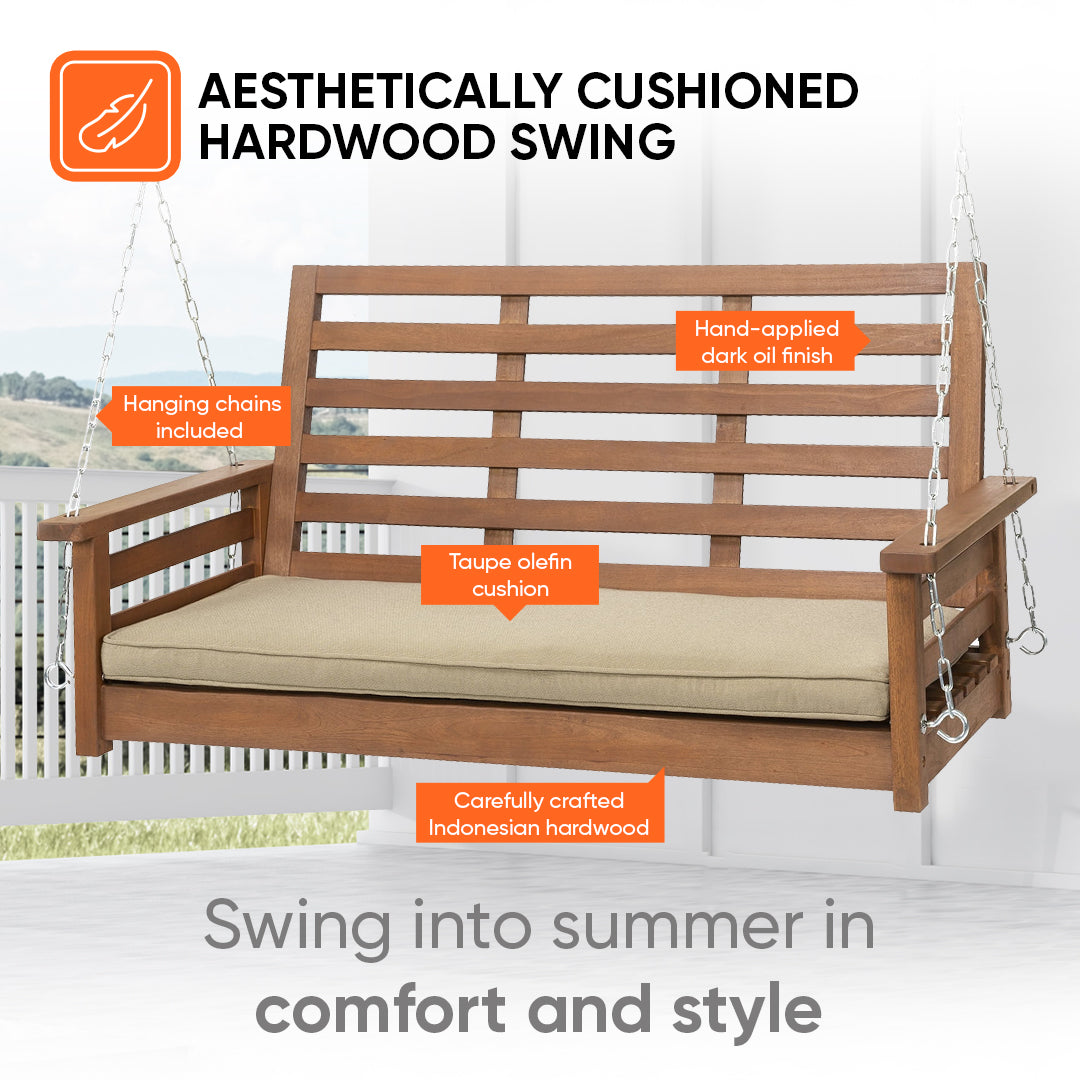 Jack Post Corp 4 Foot Cushioned Indonesian Hardwood Swing with Chains, Brown - VMInnovations
