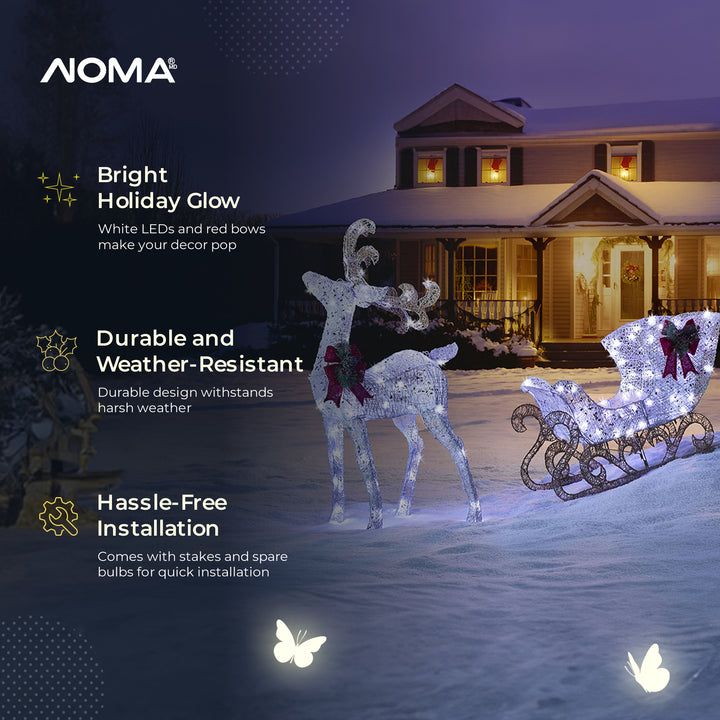 NOMA Pre Lit White LED Reindeer and Sleigh Holiday Lawn Decoration Set(Open Box)